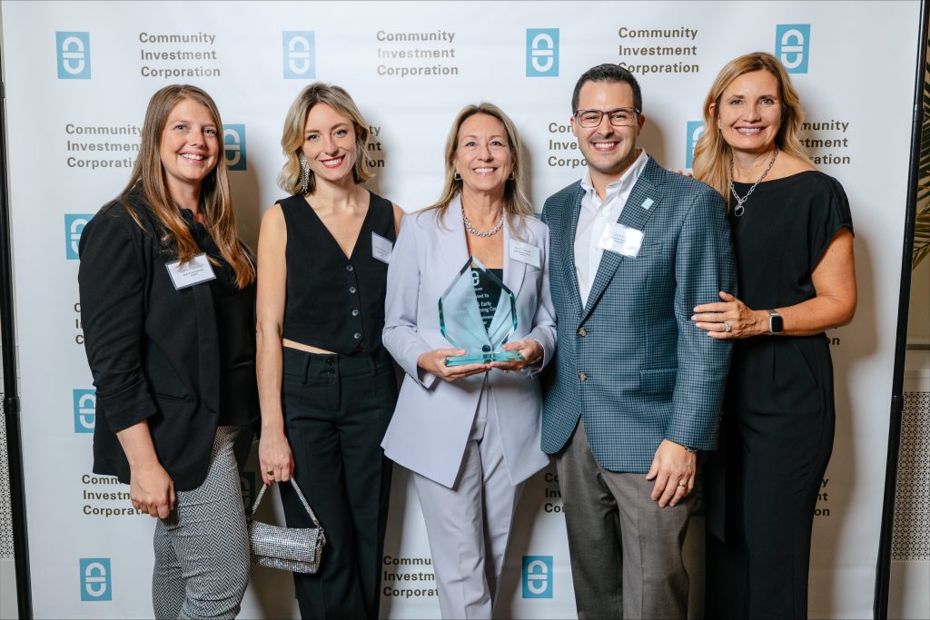 In the photo from left to right is: Kathy Pancione, Bright Years Academy Executive Director Sydney Pugliares, Bright Years Academy Business Development Director April Lukasik, Bright Years Academy President & Founder Louis Silva, CIC President Annette Larabee, Webster Bank Senior Vice President & Senior Relationship Manager